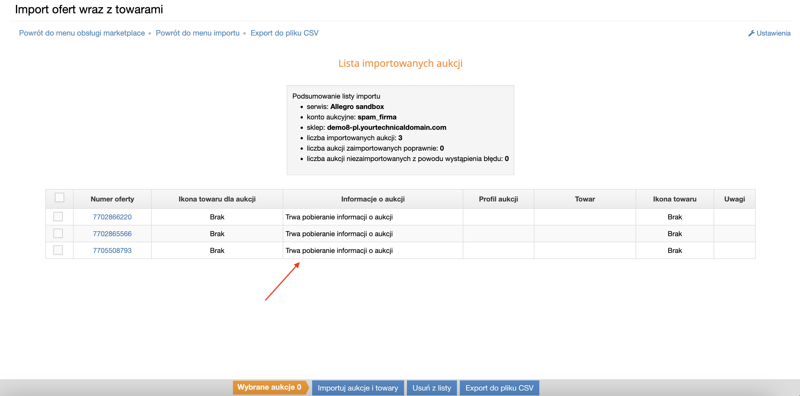 Lista ofert do importu w trakcie pobierania informacji z marketplace