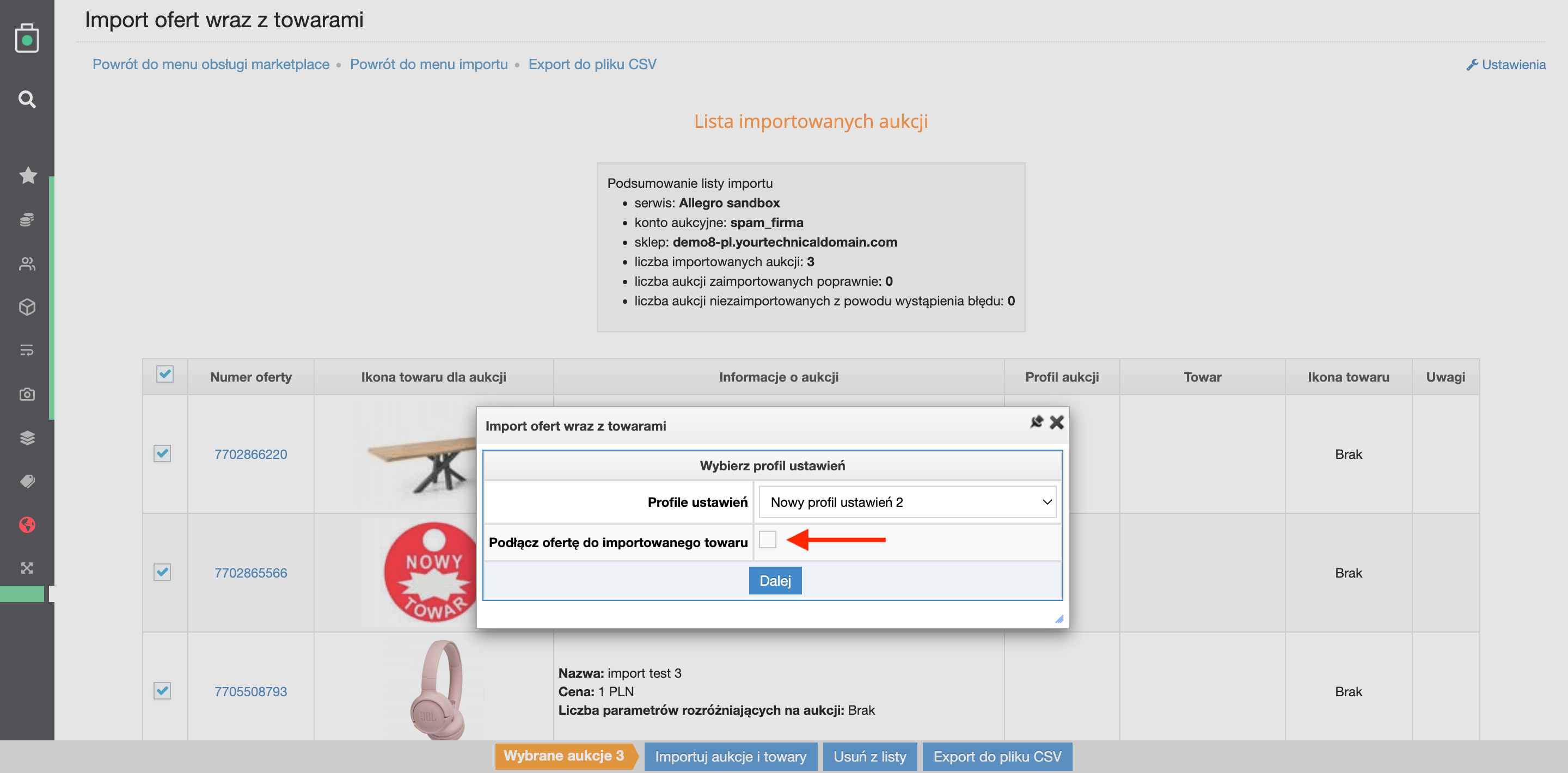 Import towarów z Allegro/eBay bez przypisywania ofert. Strzałka prezentuje opcję, którą należy odznaczyć, jeśli po imporcie oferta ma nie być przypisana do panelu IdoSell.