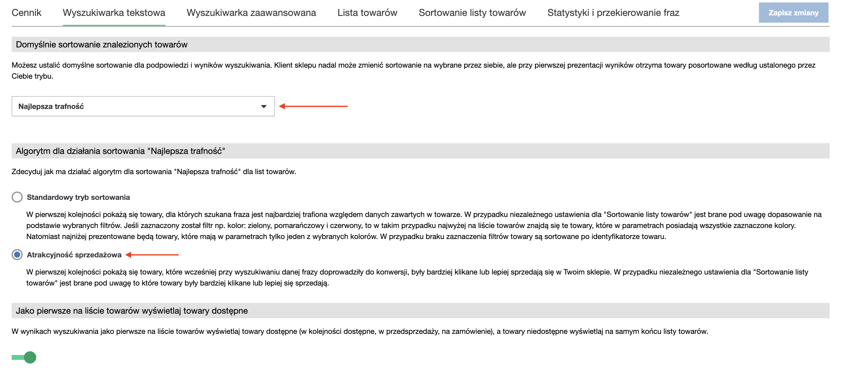 Konfiguracja sortowania po atrakcyjności sprzedażowej