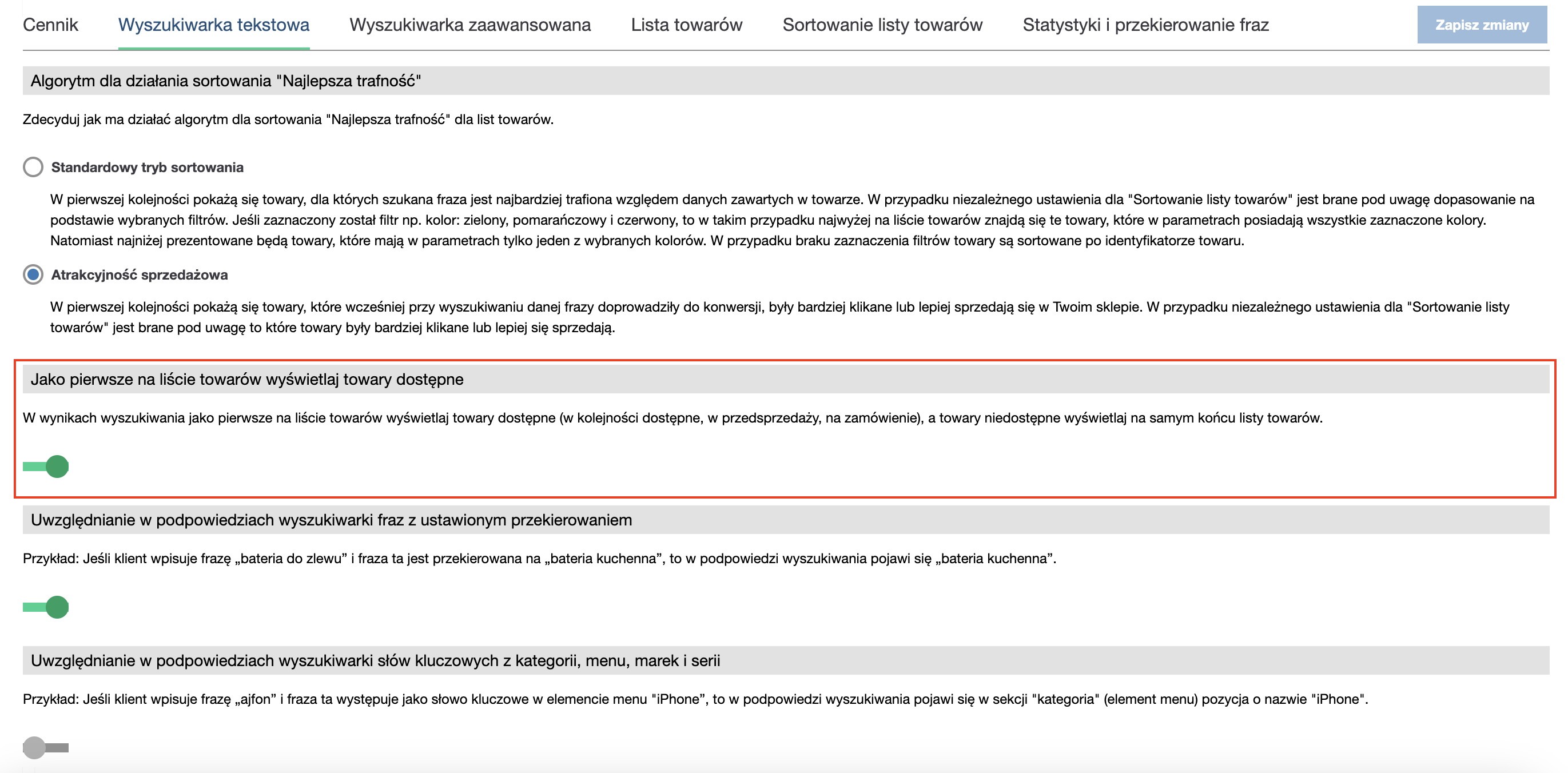 Sortowanie towarów na listach po dostępności w magazynie. Widok włączonej opcji w konfiguracji wyszukiwarki tekstowej.