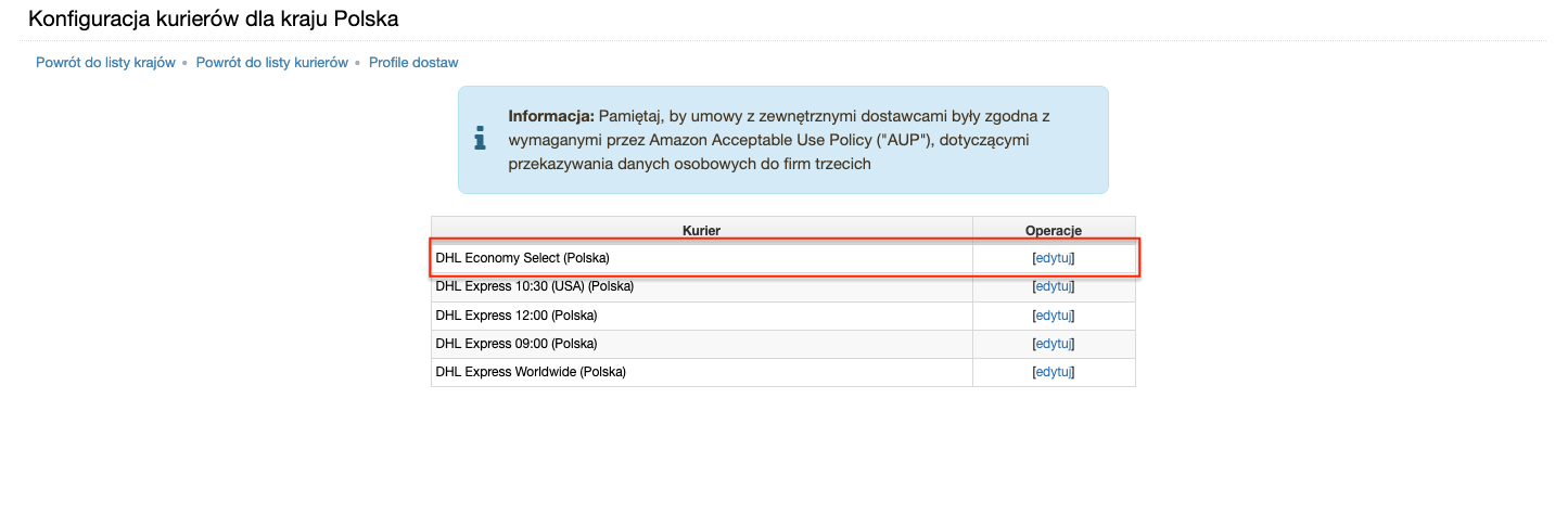 Widok listy usług kurierskich DHL Express do konfiguracji