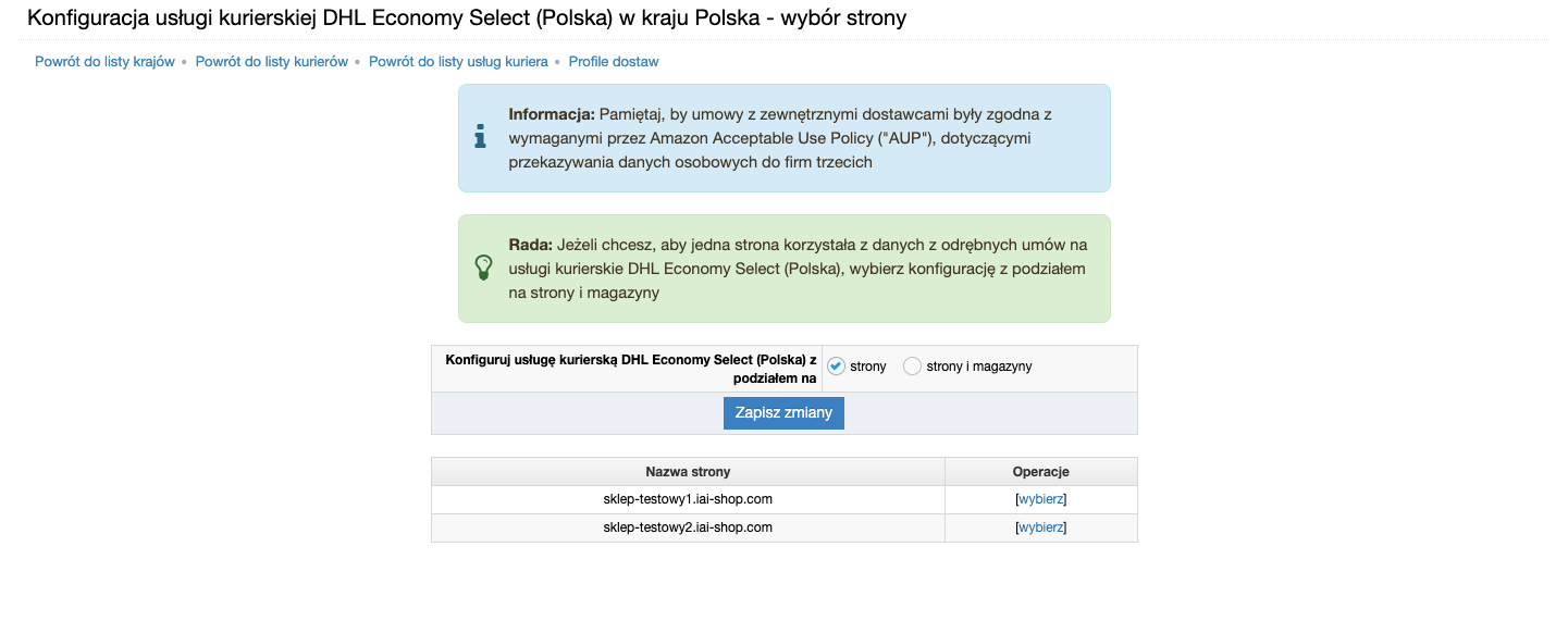 Lista sklepów dostępna podczas konfiguracji kuriera