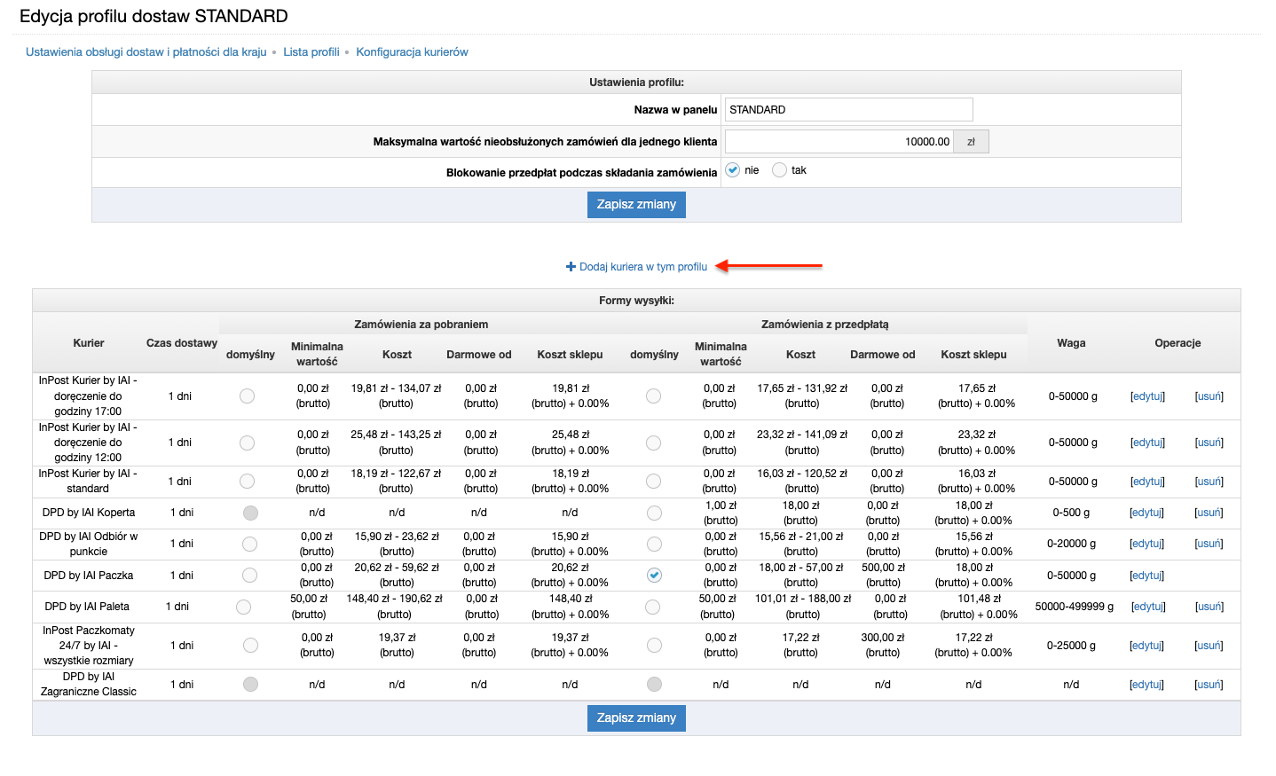 Dodawanie nowego kuriera w profilu dostaw