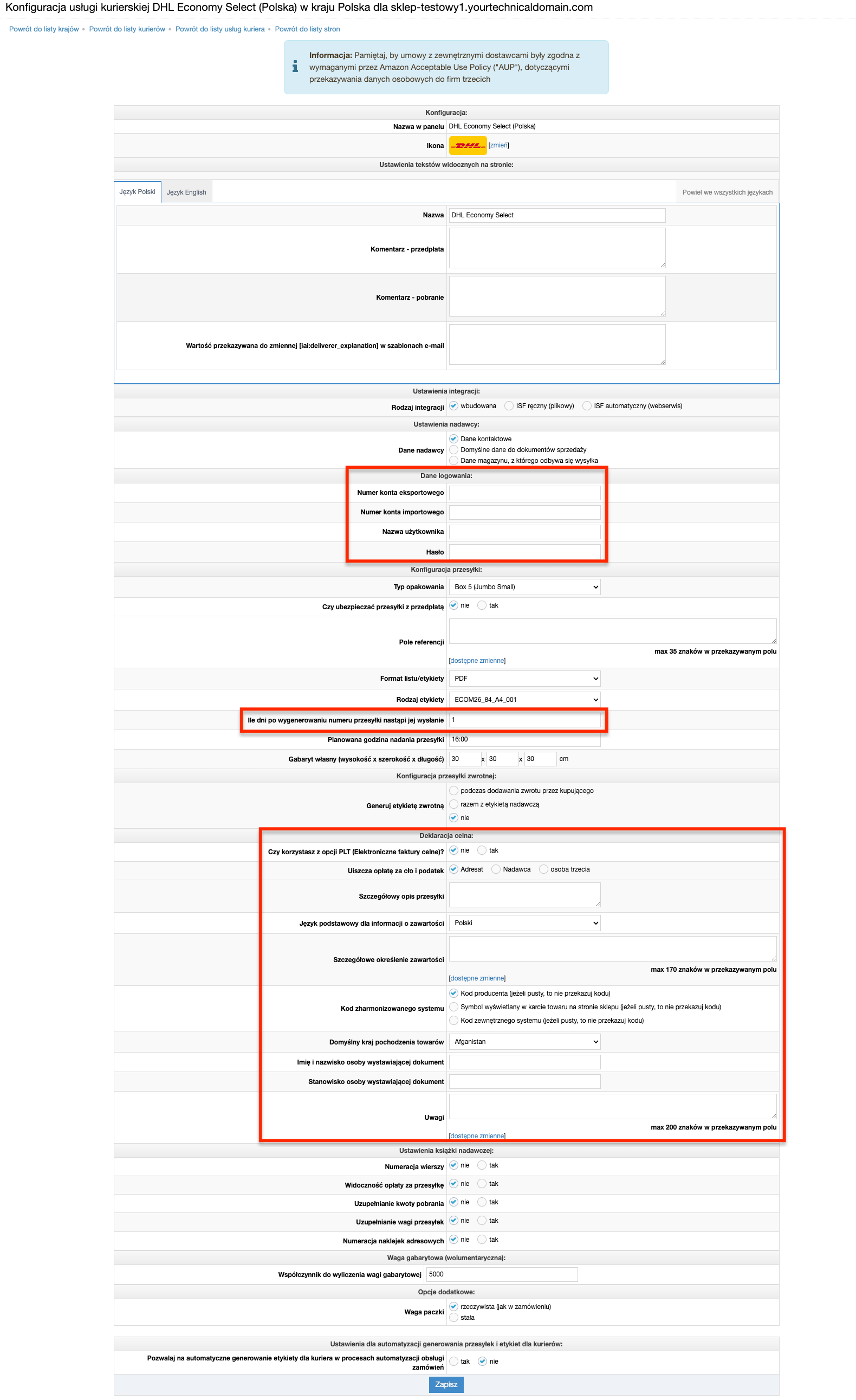 Konfiguracja usługi kurierskie DHL Express