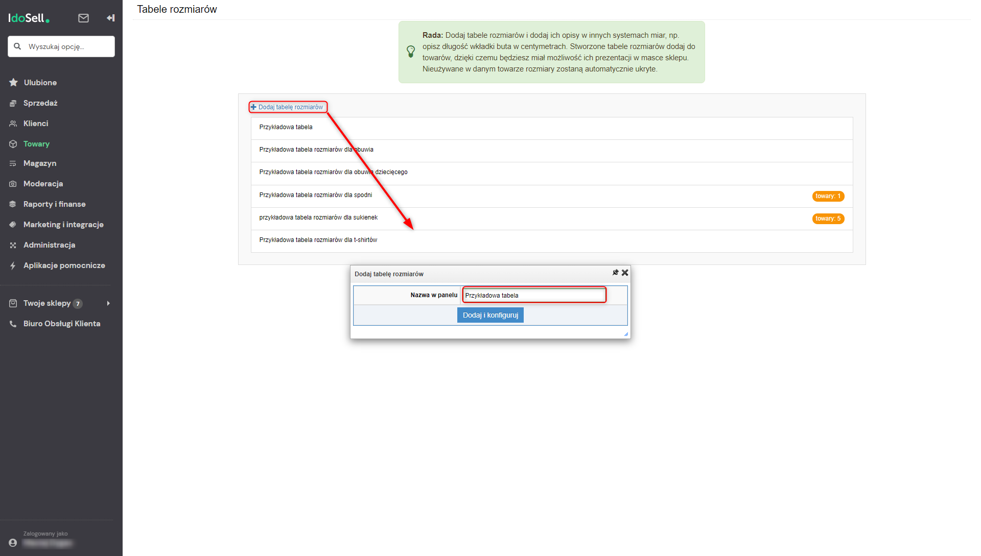 Dodawanie nowej tabeli rozmiarów w panelu IdoSell Shop