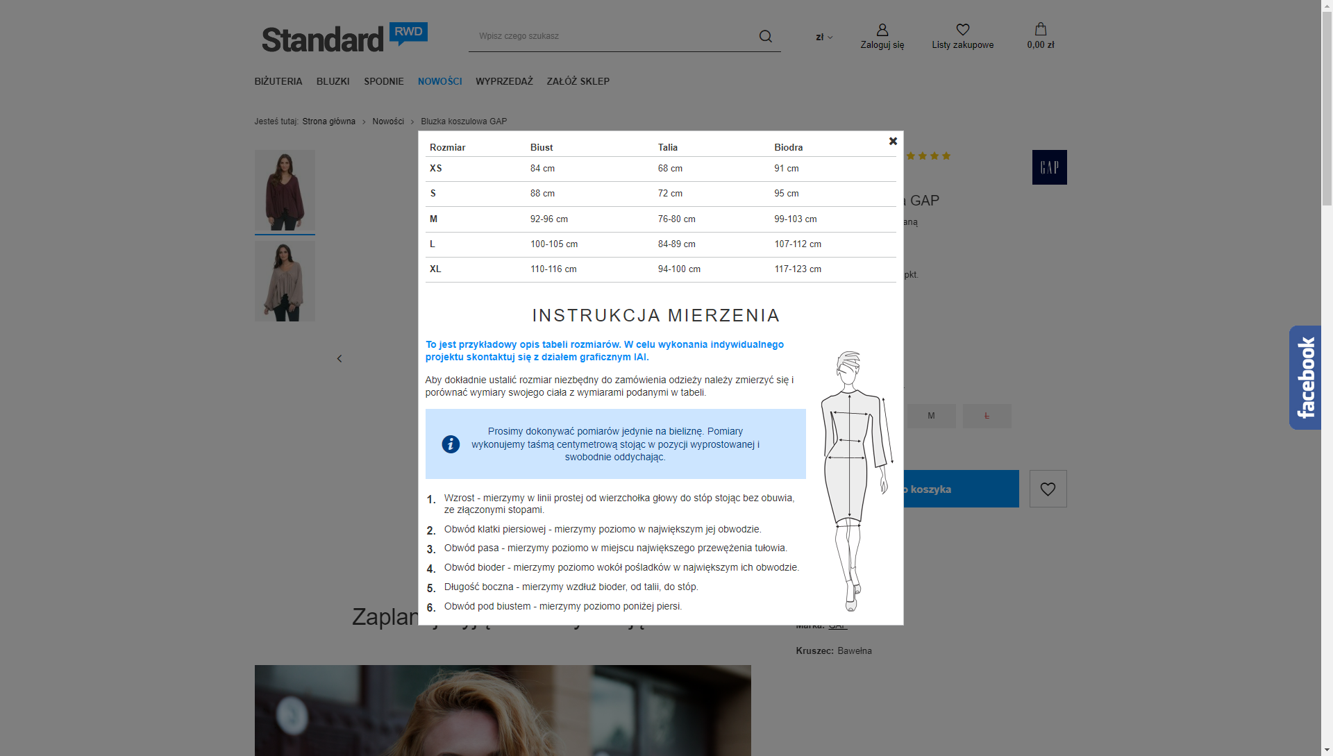 Podgląd tabeli rozmiarów i instrukcji mierzenia na stronie sklepu