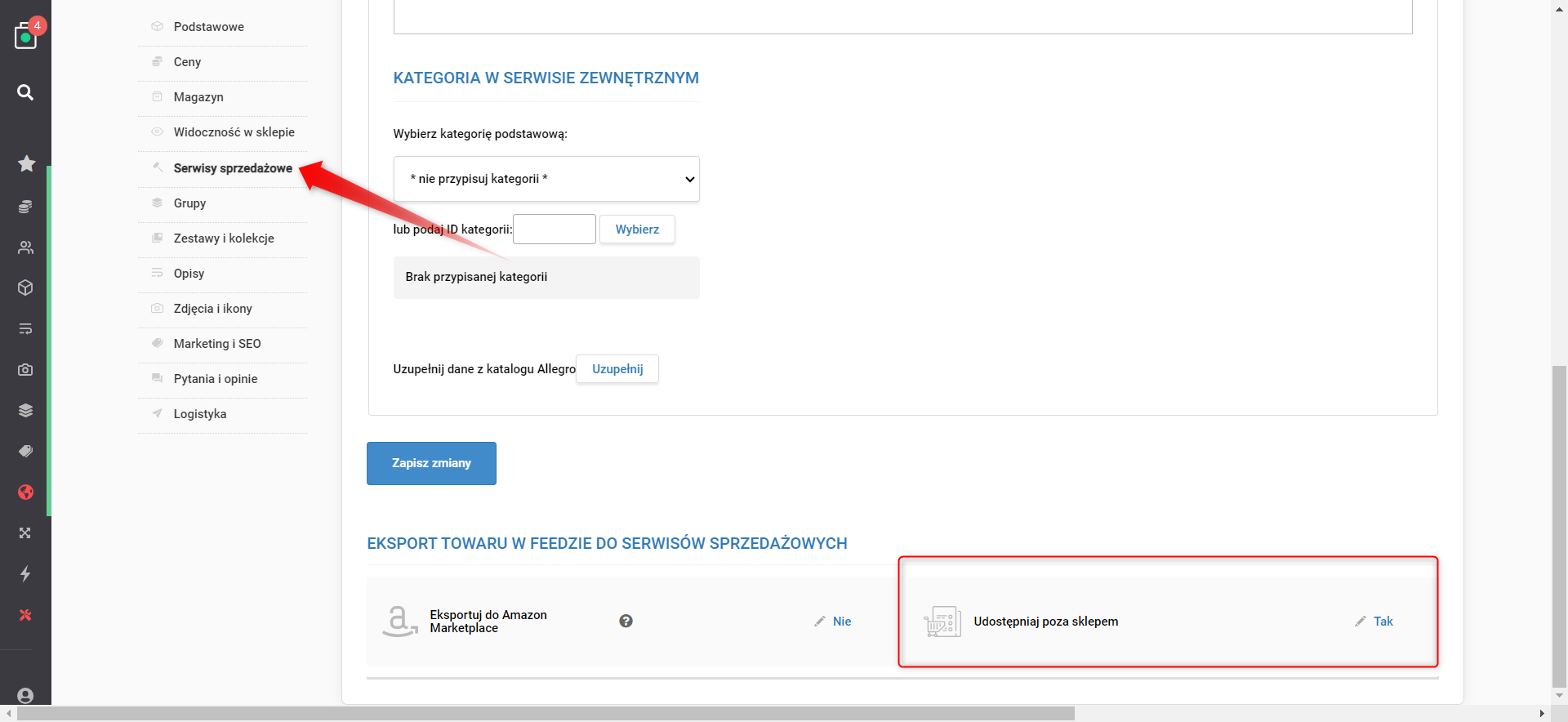 Eksport oferty do serwisów zewnętrznych z poziomu karty towaru