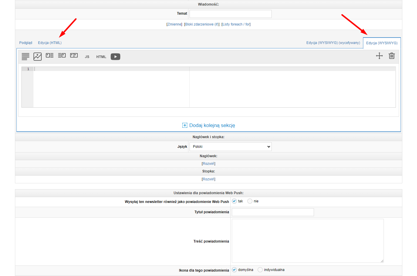 Edycja HTML i WYSIWYG
