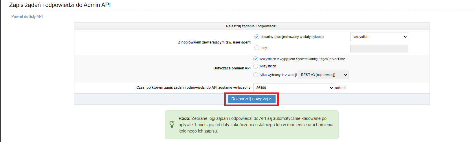 wywoływanie nasłuchu w panelu administracyjnym