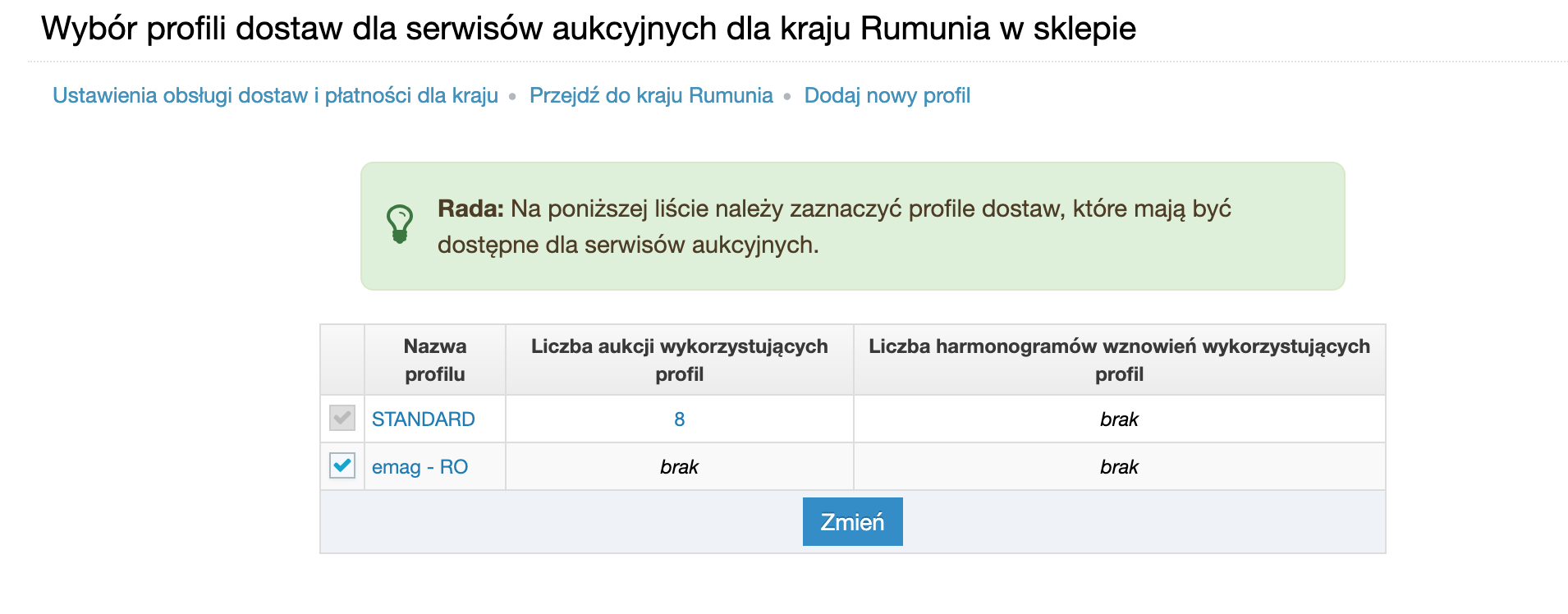 Lista profili dostaw dla kraju