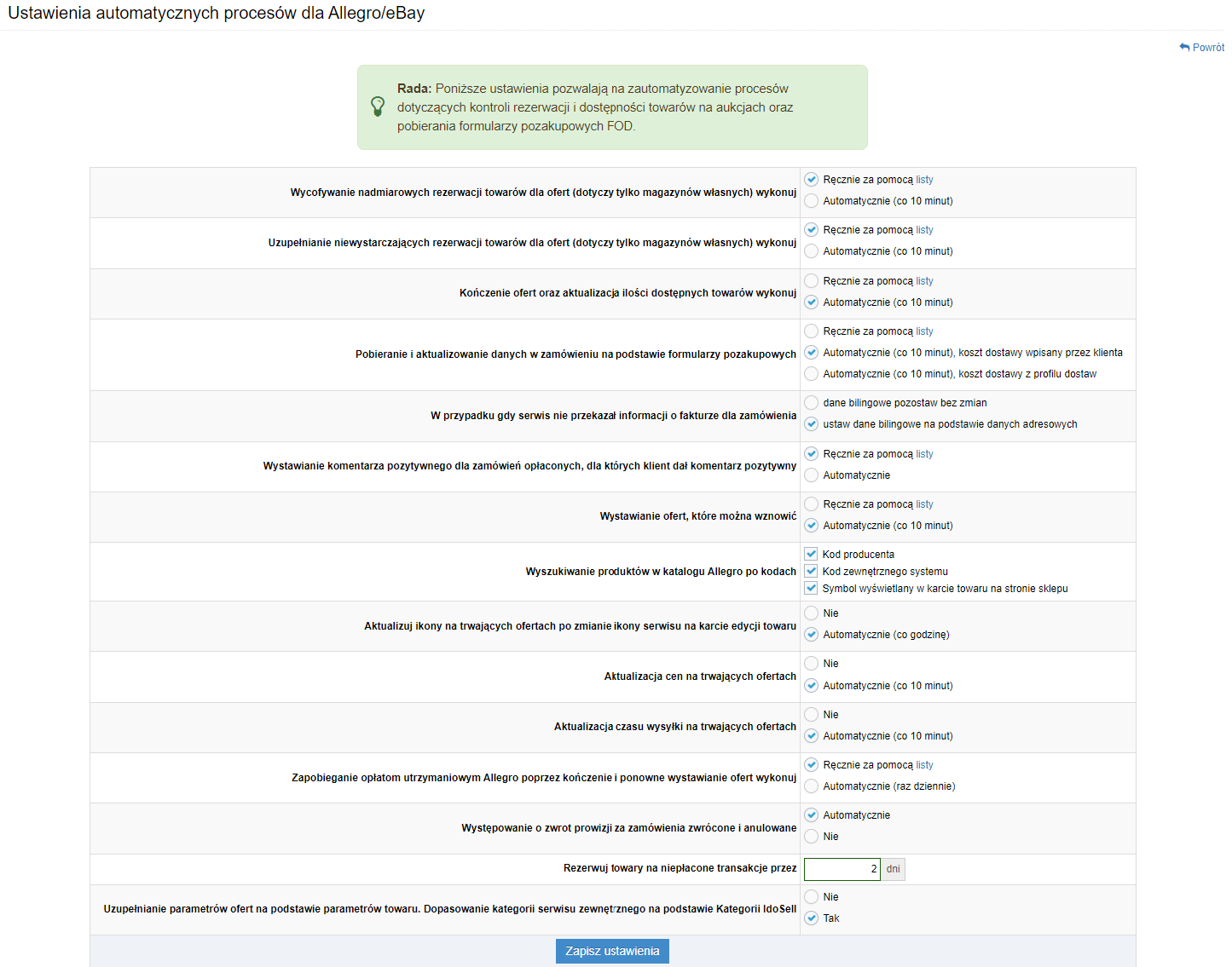 Ustawienie rekomendowanej konfiguracji automatów dla serwisów Allegro/eBay w IdoSell Shop
