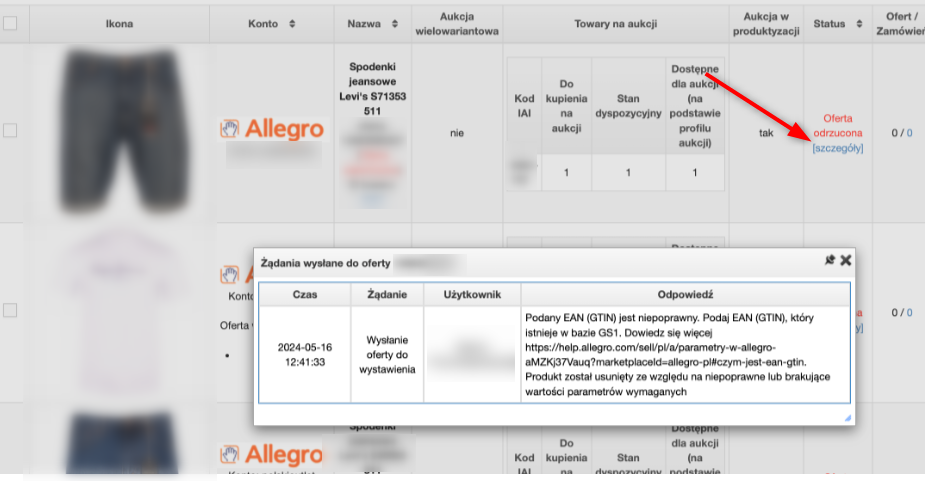 Błąd zwrócony przez Allegro po weryfikacji oferty.