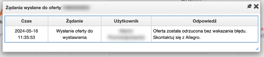 Brak powodu odrzucenia oferty przez Allegro.