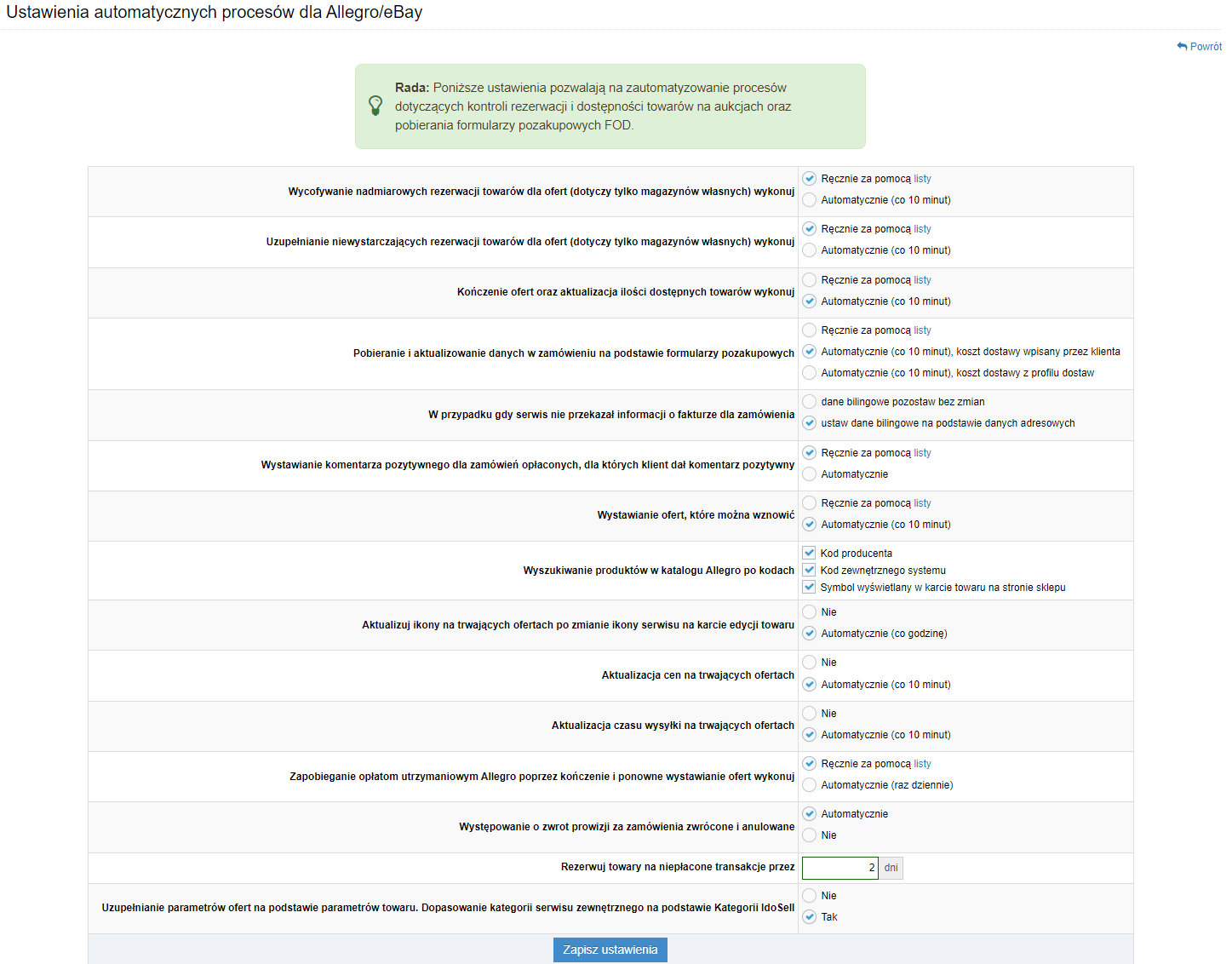 Rekomendowane ustawienia automatów dla aukcji