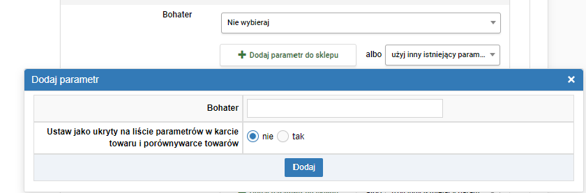 Tworzenie parametru produktu na podstawie parametru serwisu zewnętrznego