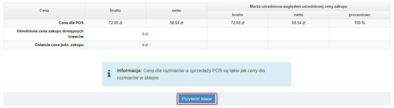 Przywracanie towaru ze starej karty towaru