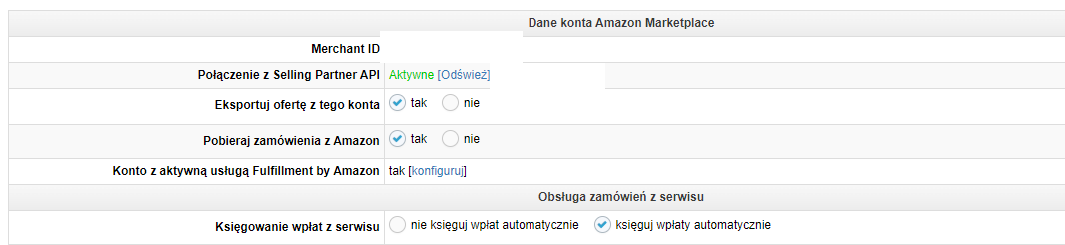 Widok prawidłowo skonfigurowanego konta Amazon
