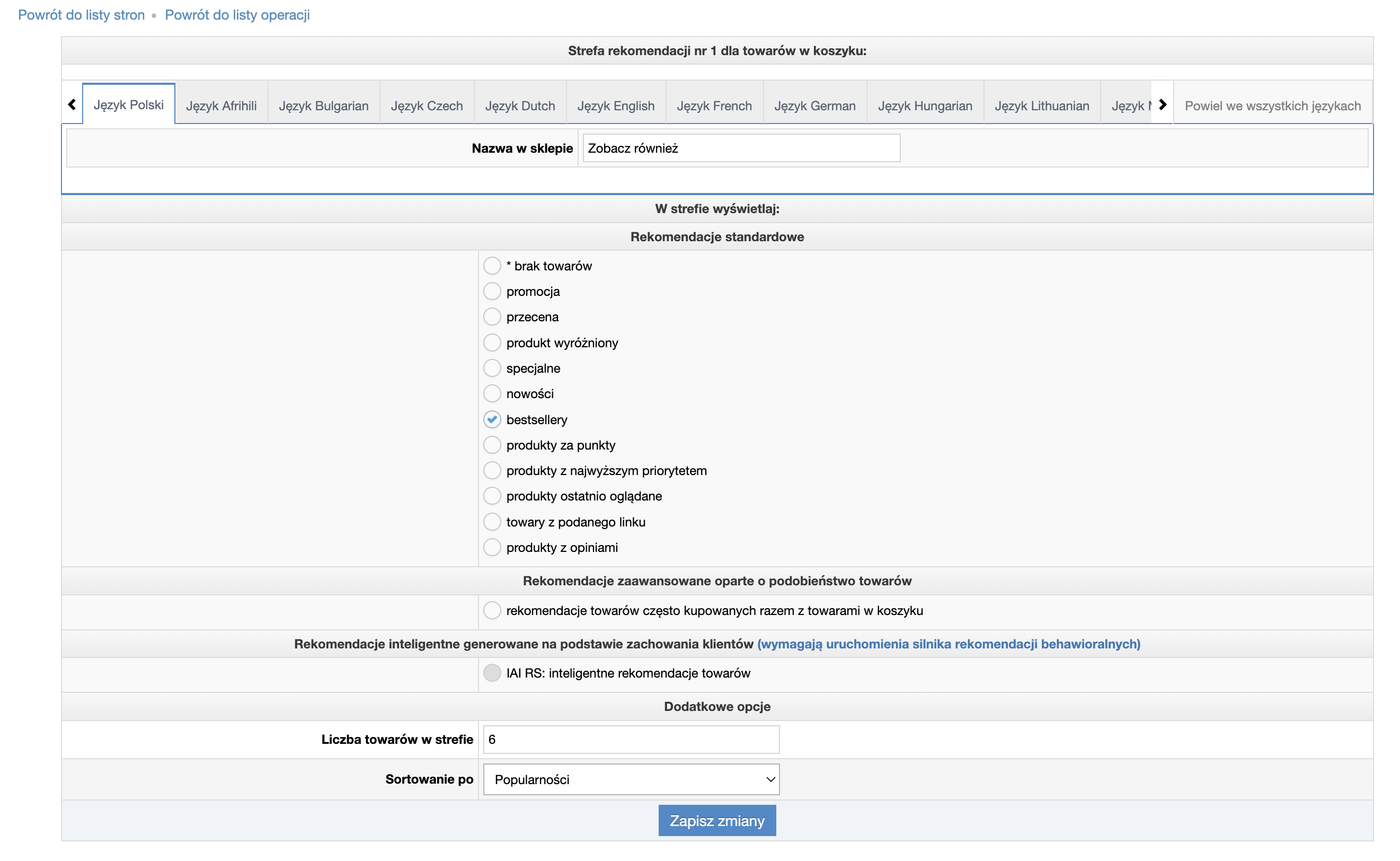 Sekcja konfiguracji stref rekomendacji
