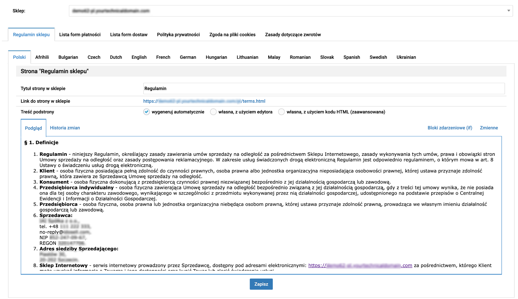 Konfiguracja regulaminu