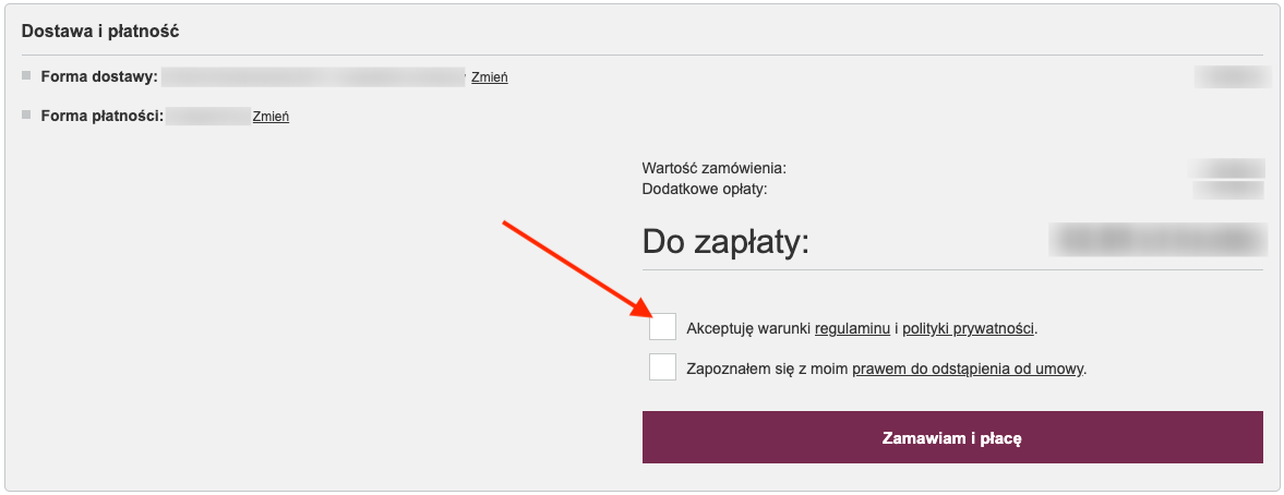 pole akceptacji warunków regulaminu i polityki prywatności w koszyku