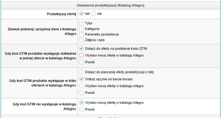 Ustawienia produktyzacji w profilu ustawień