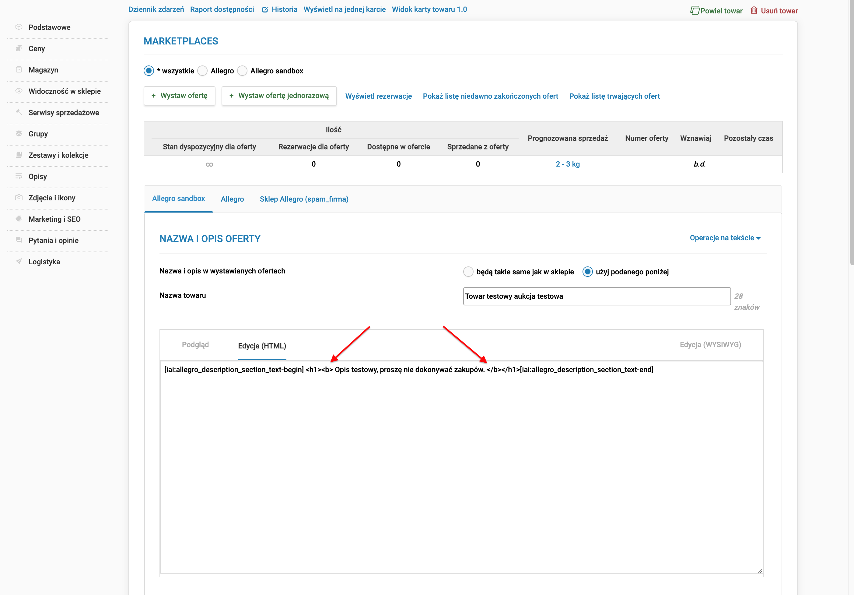 Nieprawidłowe użycie znaczników HTML w opisie produktu.