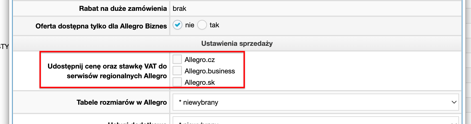 Wyłączenie przesyłania stawek VAT na zagraniczne rynki Allegro