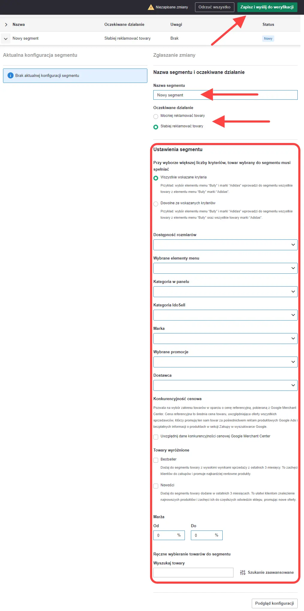 Ustawienia segmentacji towarów do Google ADS