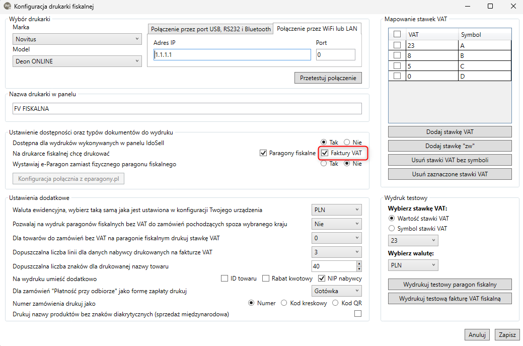 Konfiguracja wydruku faktur VAT fiskalnych