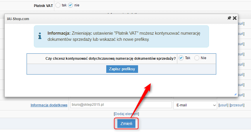 Przed zmianą ustawienia zostaniesz dodatkowo zapytany o to czy numeracja faktur ma być kontynuowana: