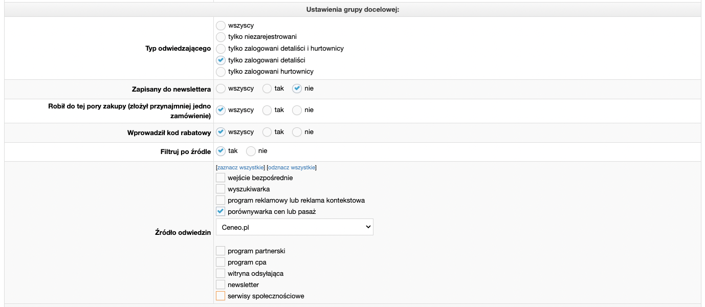Konfiguracja dodatków HTML/JS - ustawienia grupy docelowej