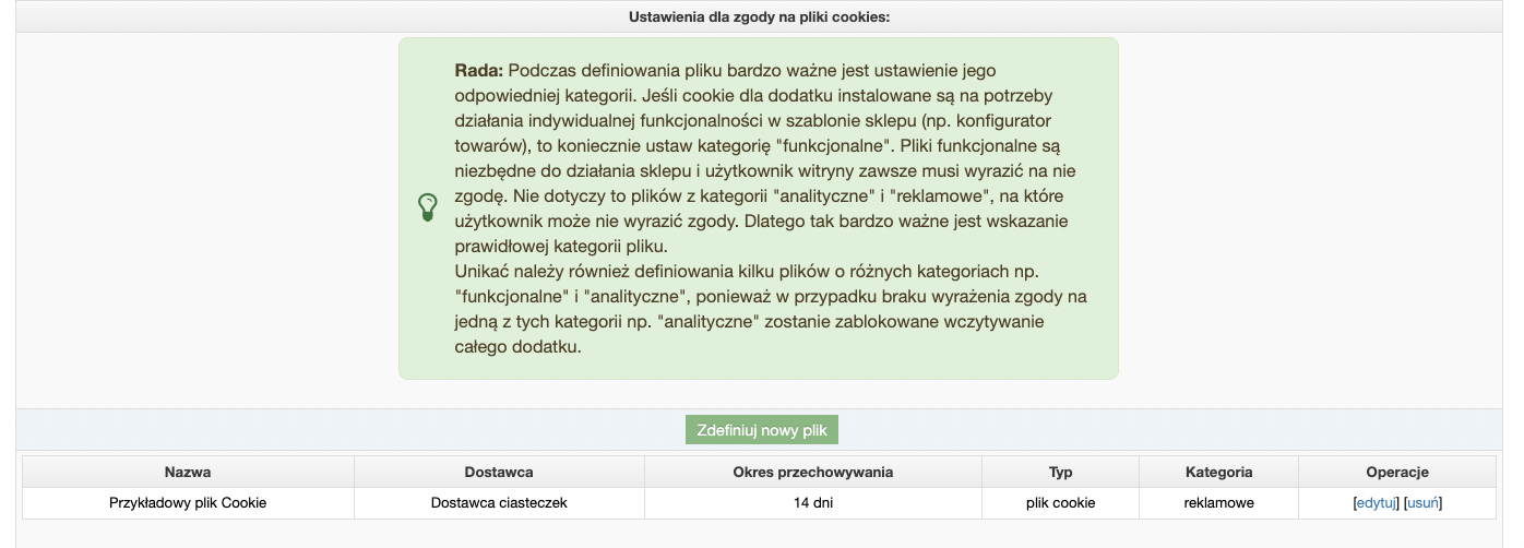 Ustawienia dodatków dla zgody na pliki cookies