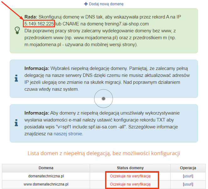 Wskazówka dla rekordu A przy delegacji niepełnej