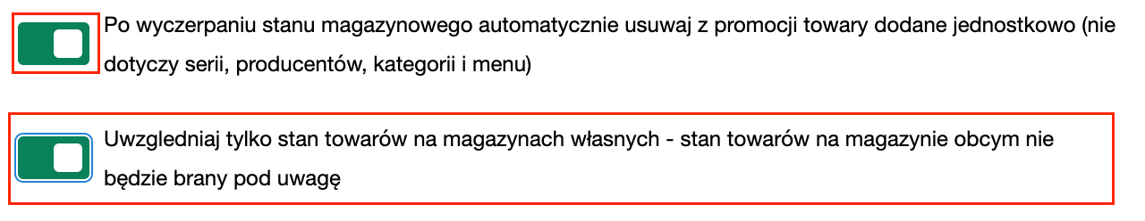 Ustawienia promocji dotyczące stanów towarów na magazynie