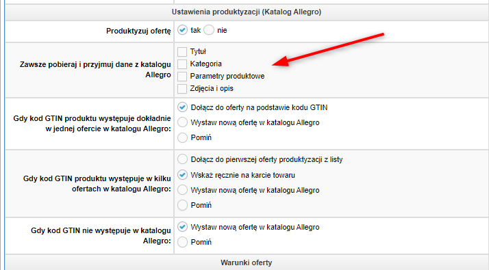 Konfiguracja pobierania danych z katalogu Allegro w profilu ustawień