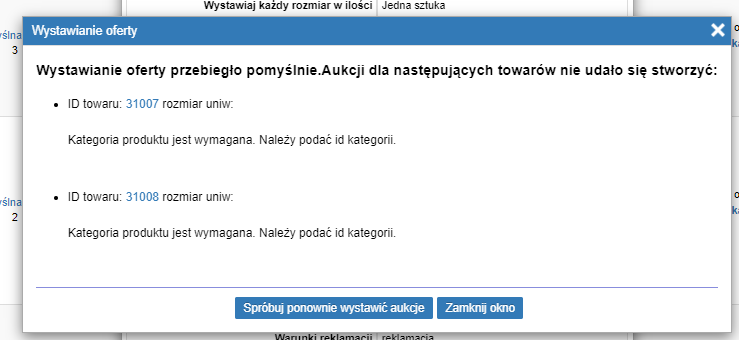 Komunikat błędu o braku możliwości utworzenia oferty.