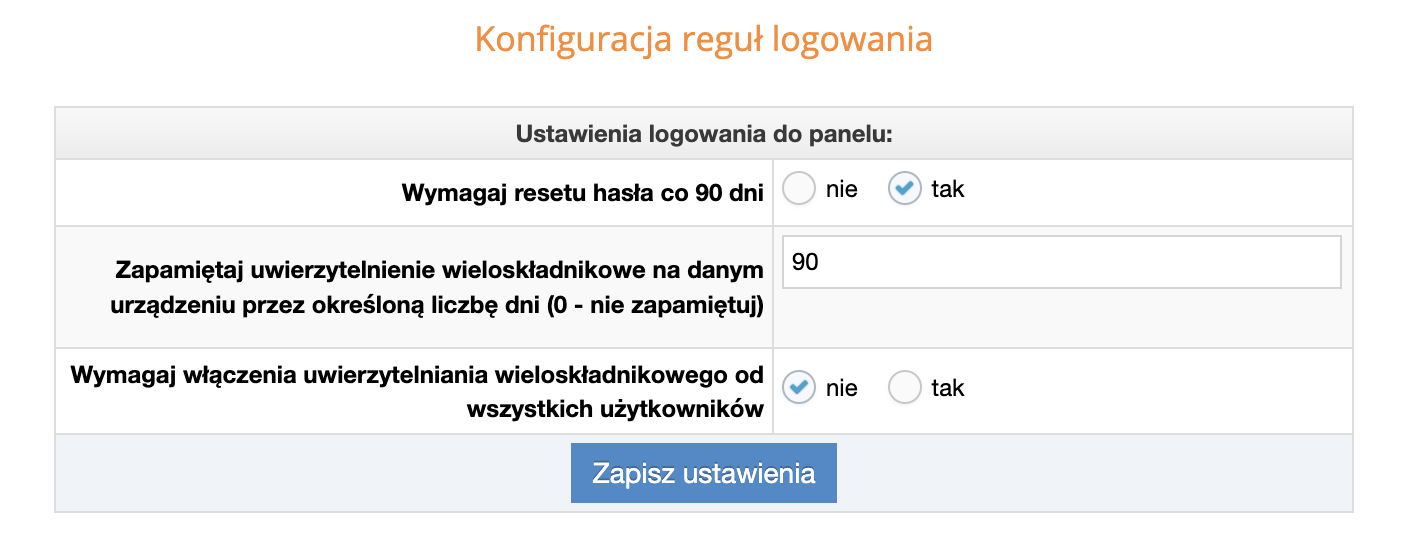 Konfiguracja reguł logowania - ustawienia