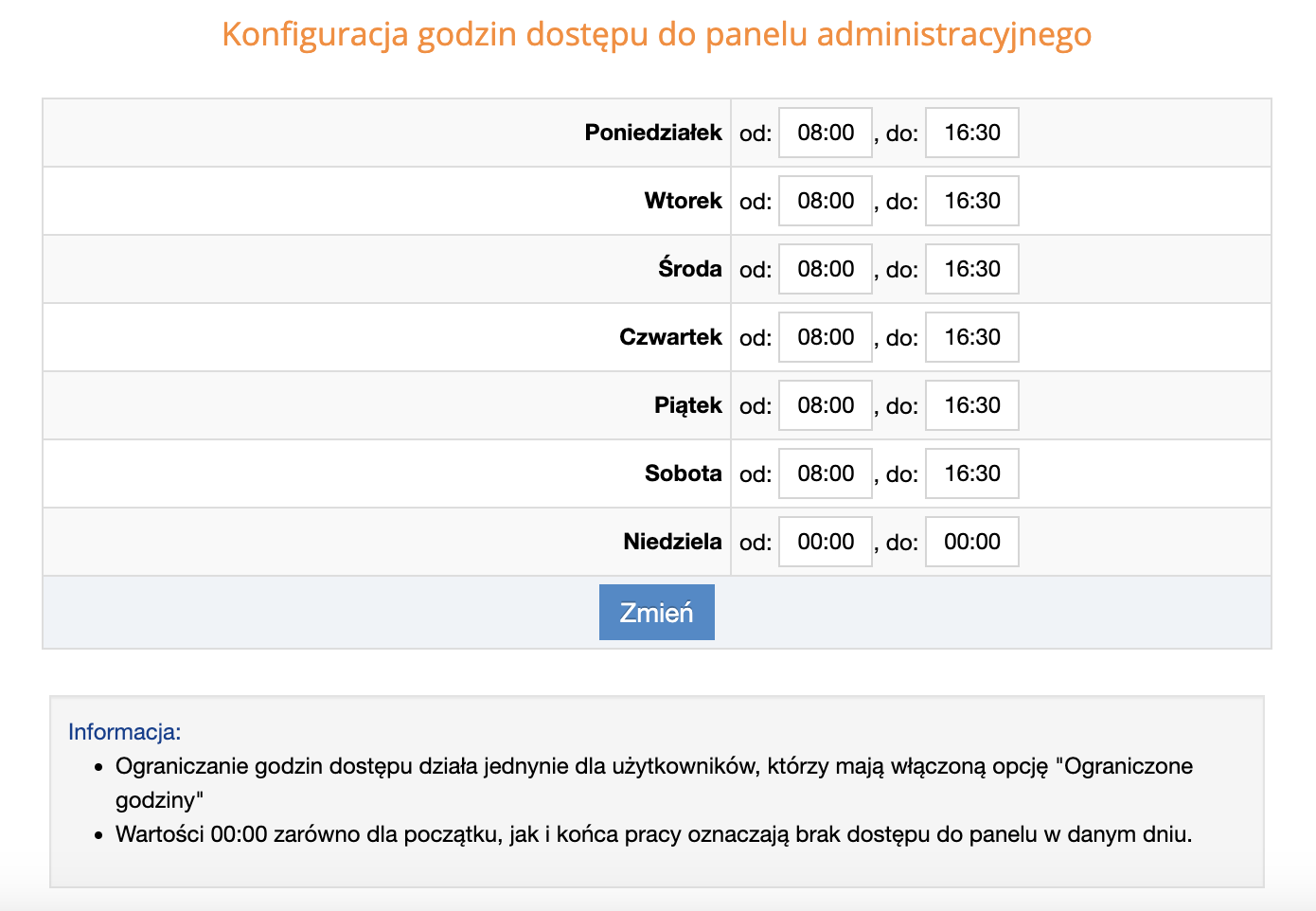 Konfiguracja godzin dostępu do panelu administracyjnego