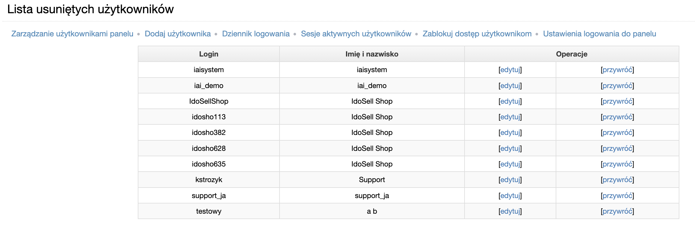 Lista usuniętych użytkowników