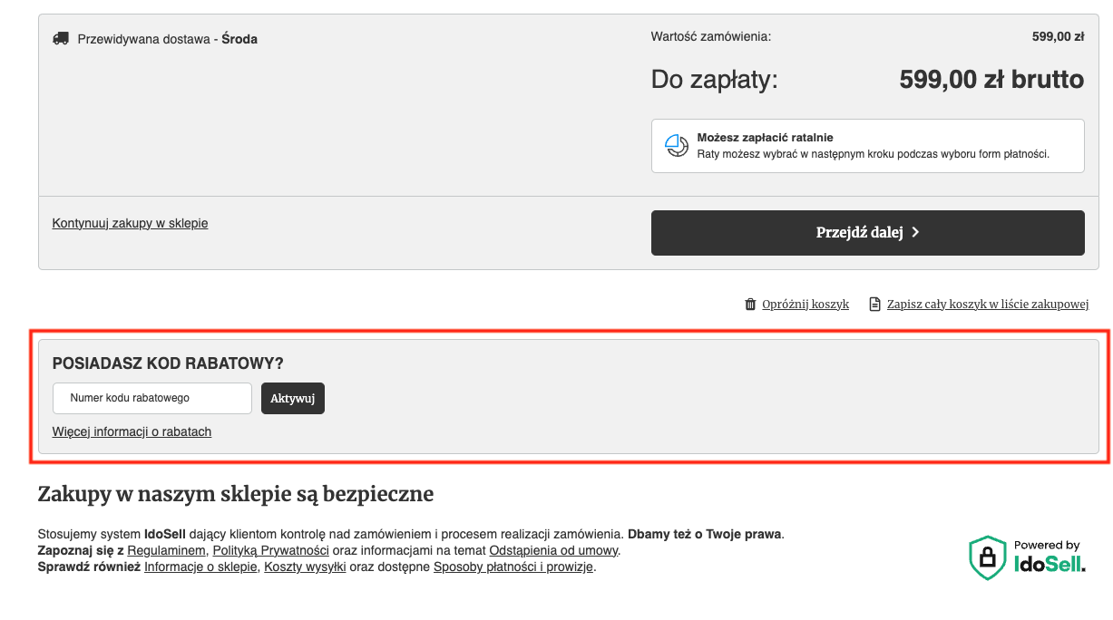 koszyk - konfiguracja pola na kod rabatowy