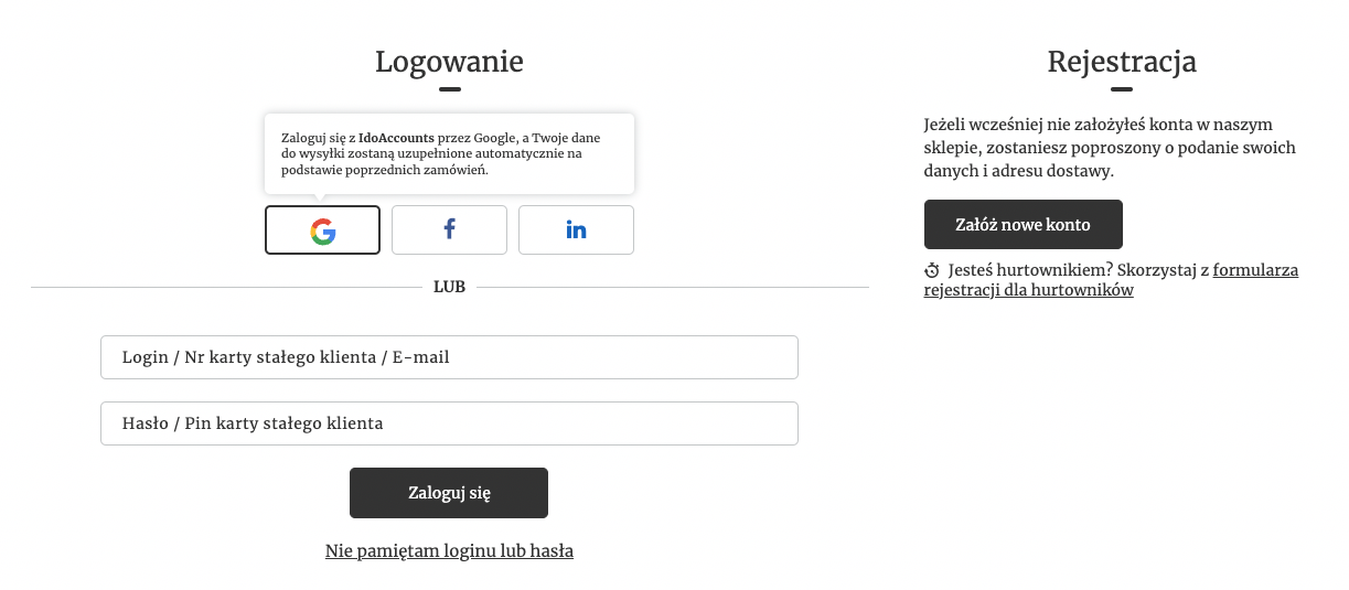 Logowanie do sklepu - po ukryciu elementów