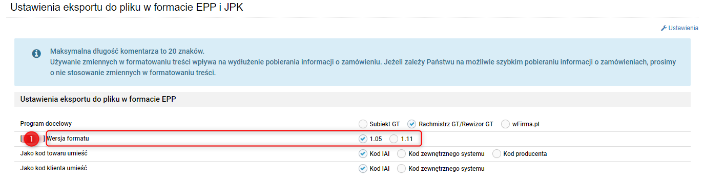 Rejestr dokumentów sprzedaży ustawienia  EPP
