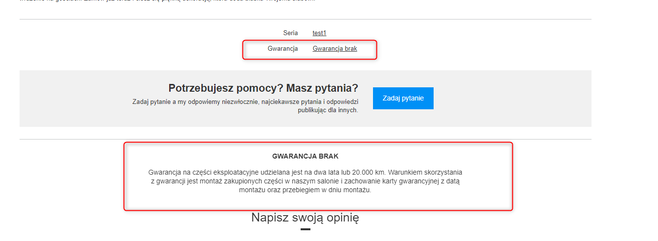 Wyświetlanie się gwarancji na karcie towaru