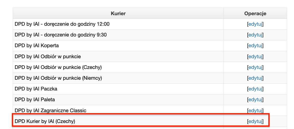 DPD Kurier by IAI Czechy na liście form dostawy