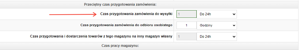 Ustawienie czasu wysyłki w magazynie