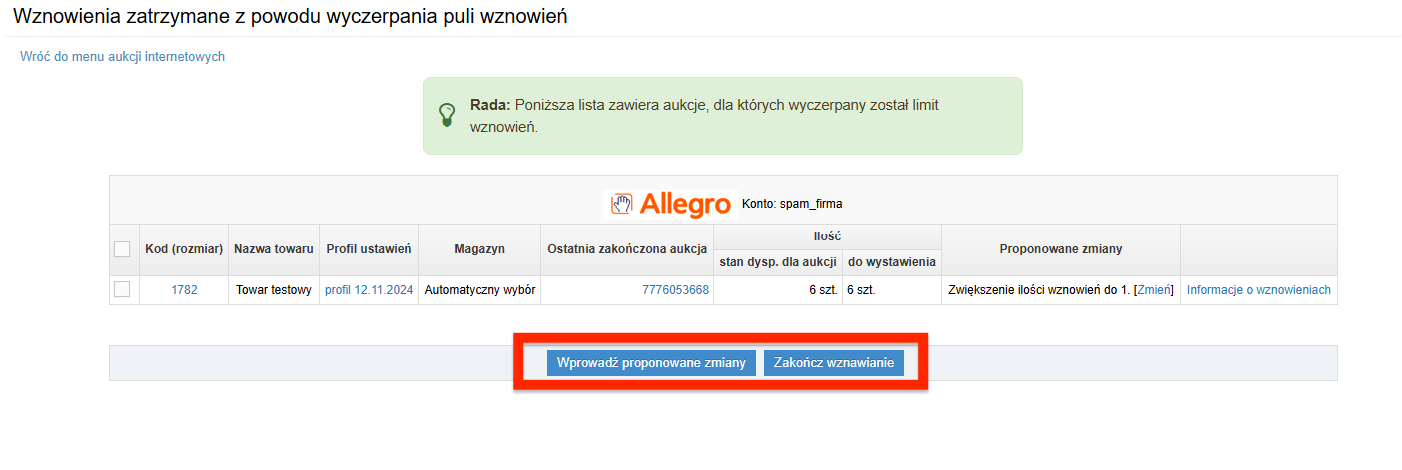 Wznowienia zatrzymane z powodu wyczerpania puli wznowień