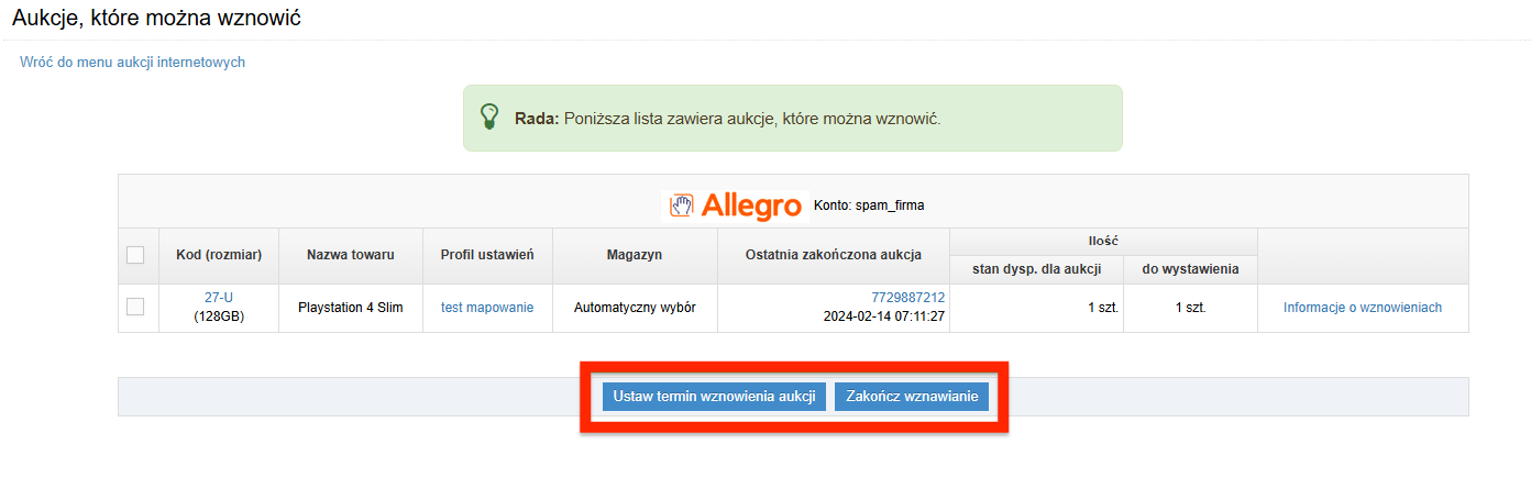 Aukcje, które można wznowić
