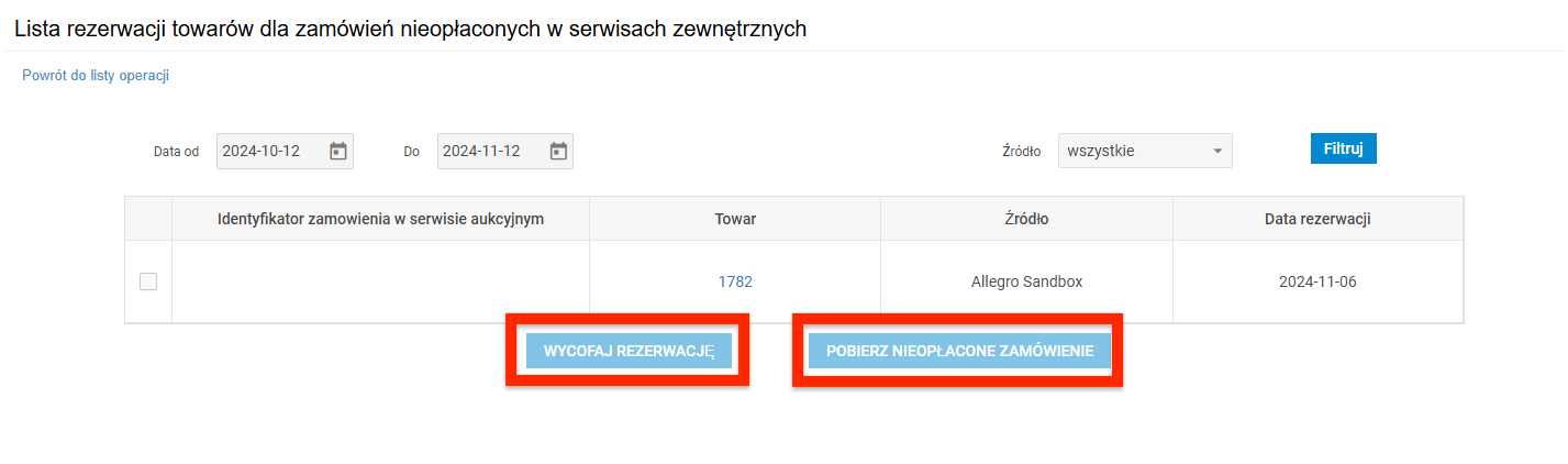 Lista rezerwacji dla zamówień nieopłaconych