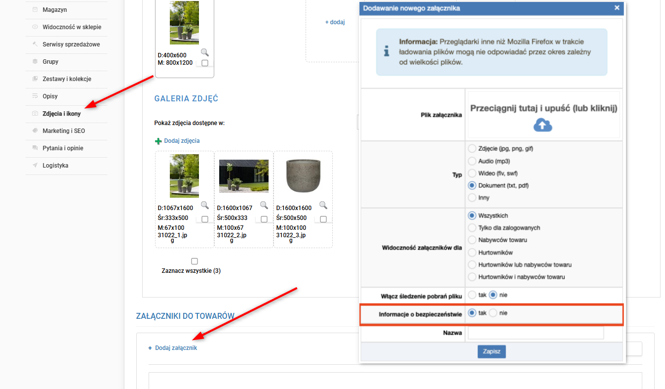 Załączniki z ostrzeżeniami