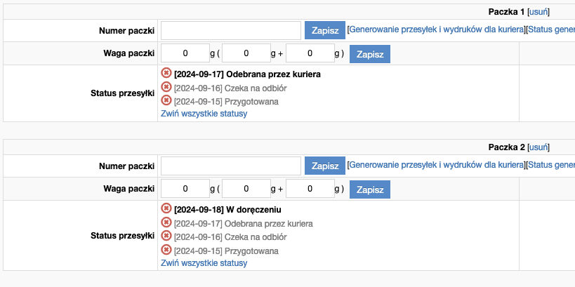 Widoczność status paczki na karcie zamówienia